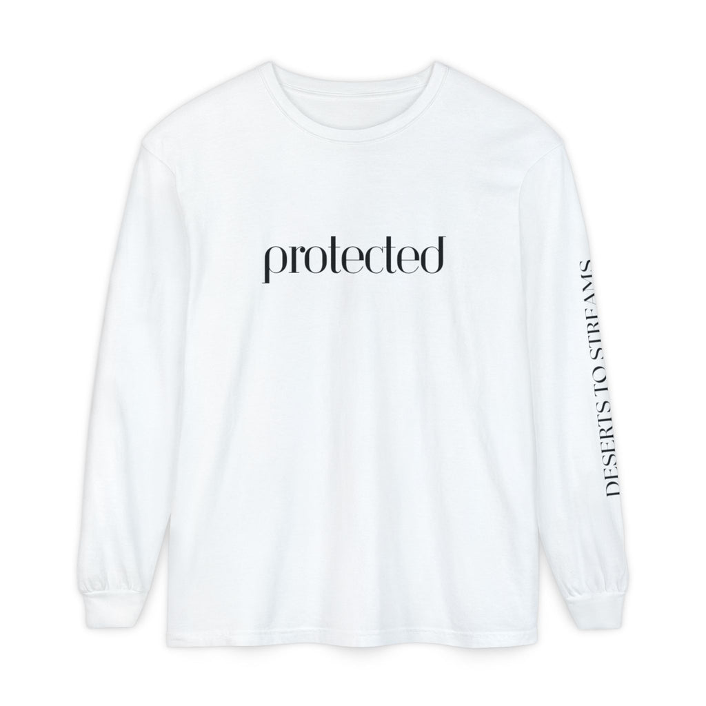 Protected Long Sleeve Tee — "Protected" Scripture Graphic (Zechariah 2:5)