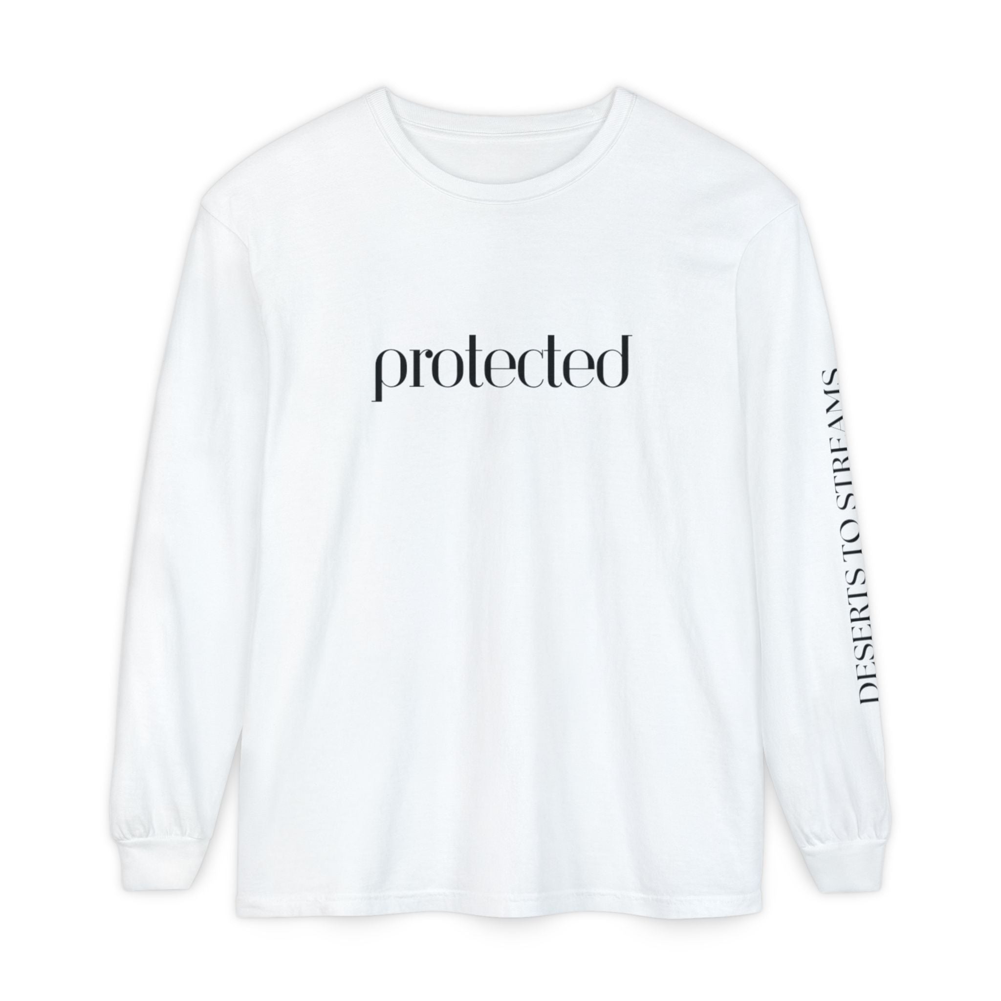 Protected Long Sleeve Tee — "Protected" Scripture Graphic (Zechariah 2:5)