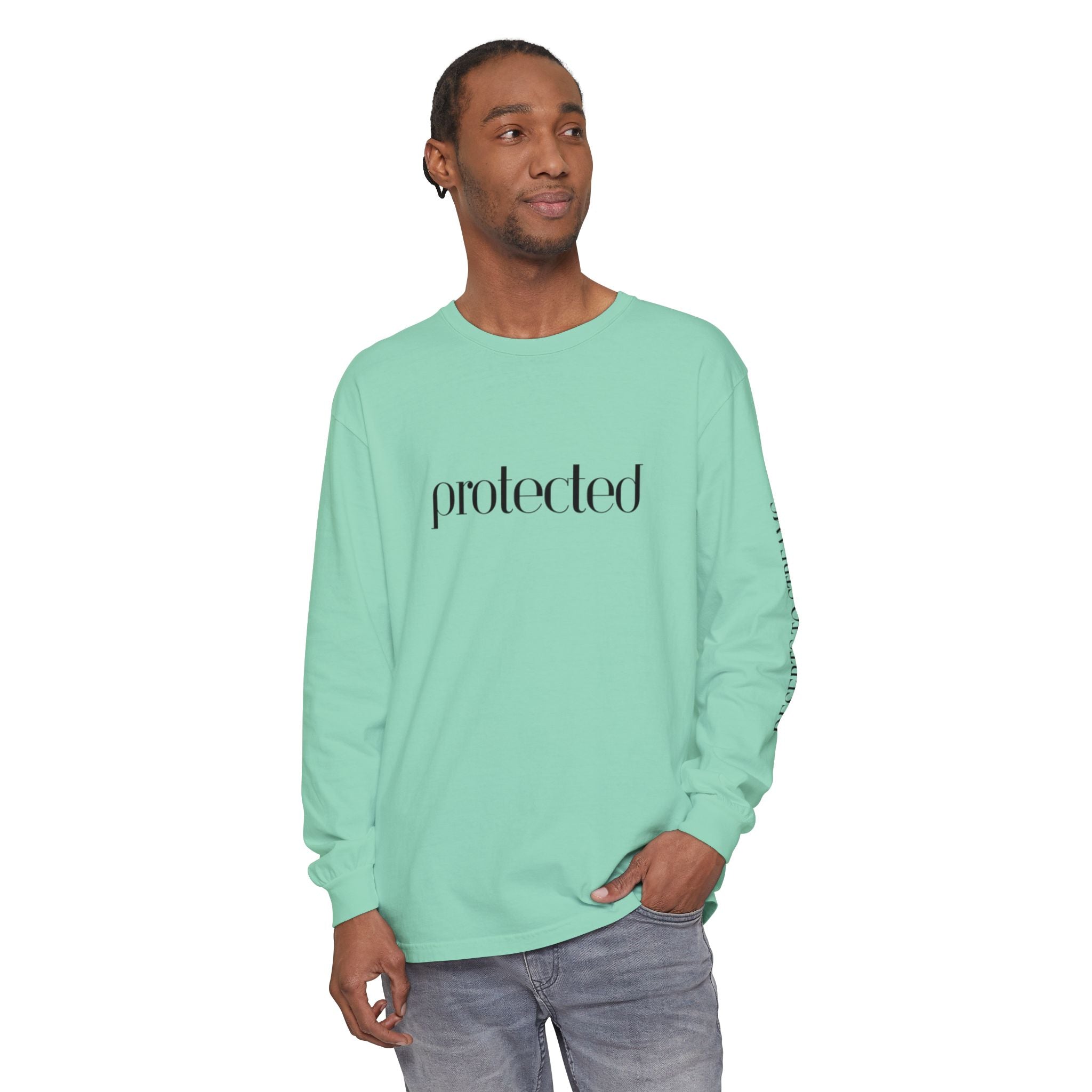 Protected Long Sleeve Tee — "Protected" Scripture Graphic (Zechariah 2:5)