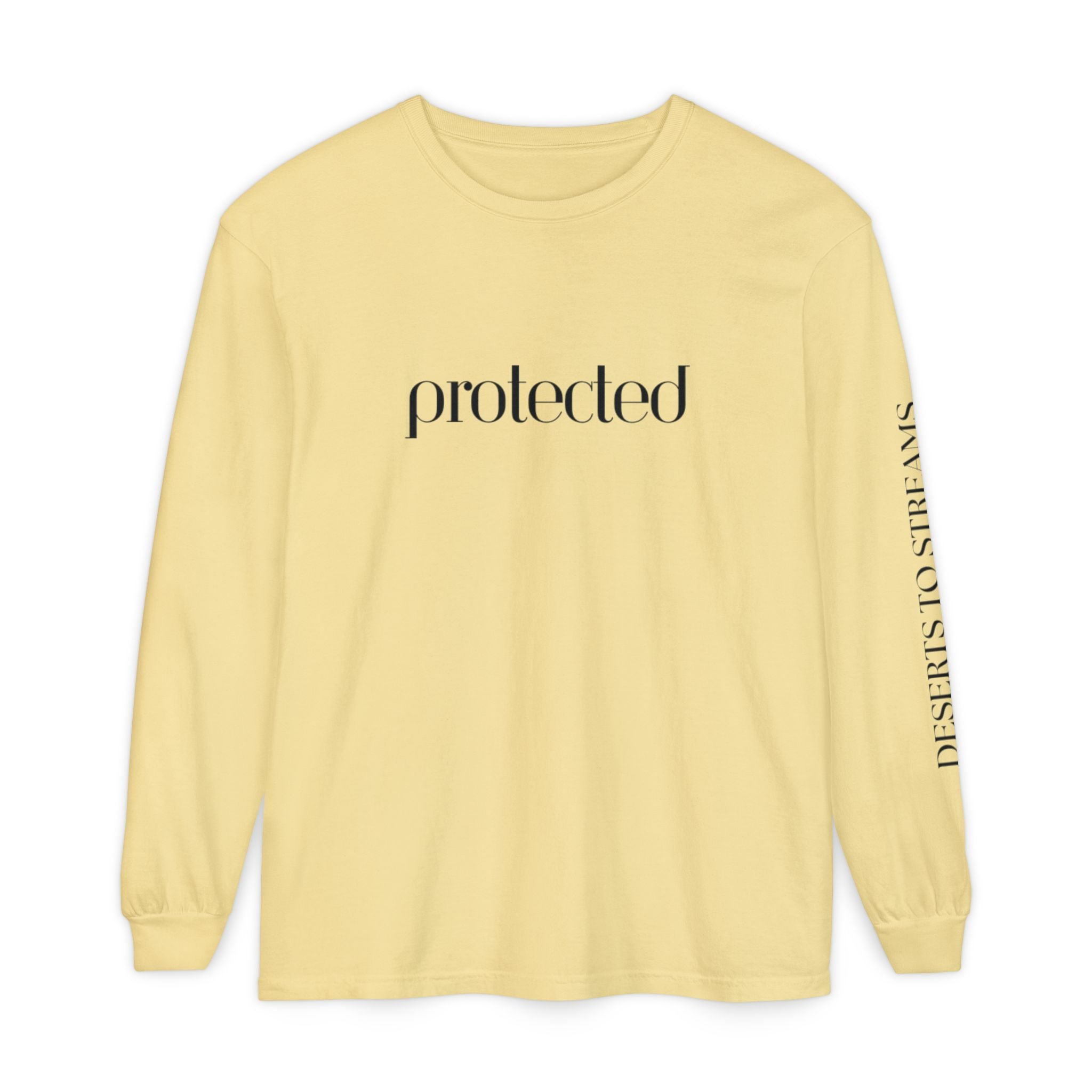 Protected Long Sleeve Tee — "Protected" Scripture Graphic (Zechariah 2:5)