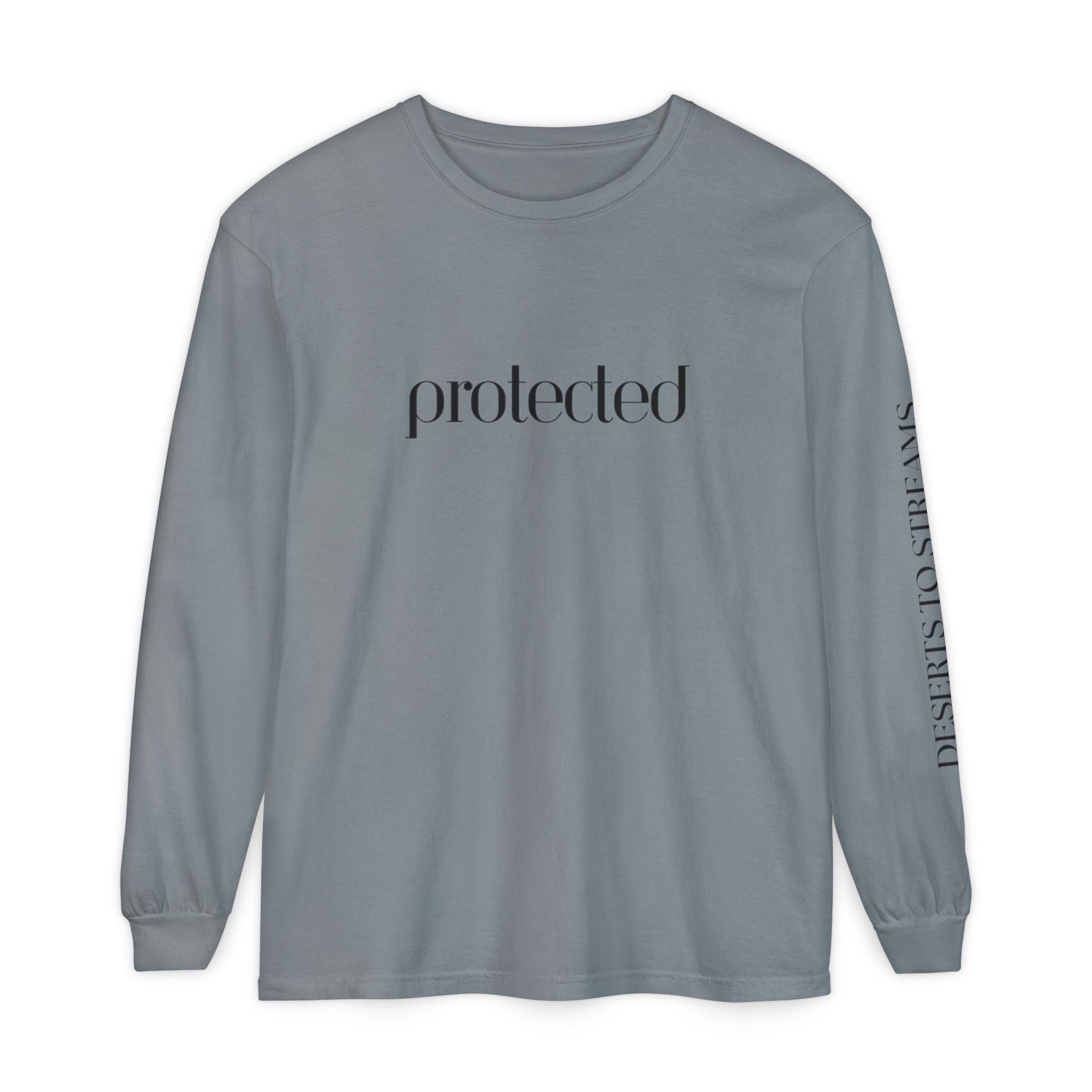 Protected Long Sleeve Tee — "Protected" Scripture Graphic (Zechariah 2:5)