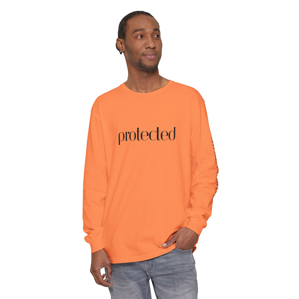 Protected Long Sleeve Tee — "Protected" Scripture Graphic (Zechariah 2:5)