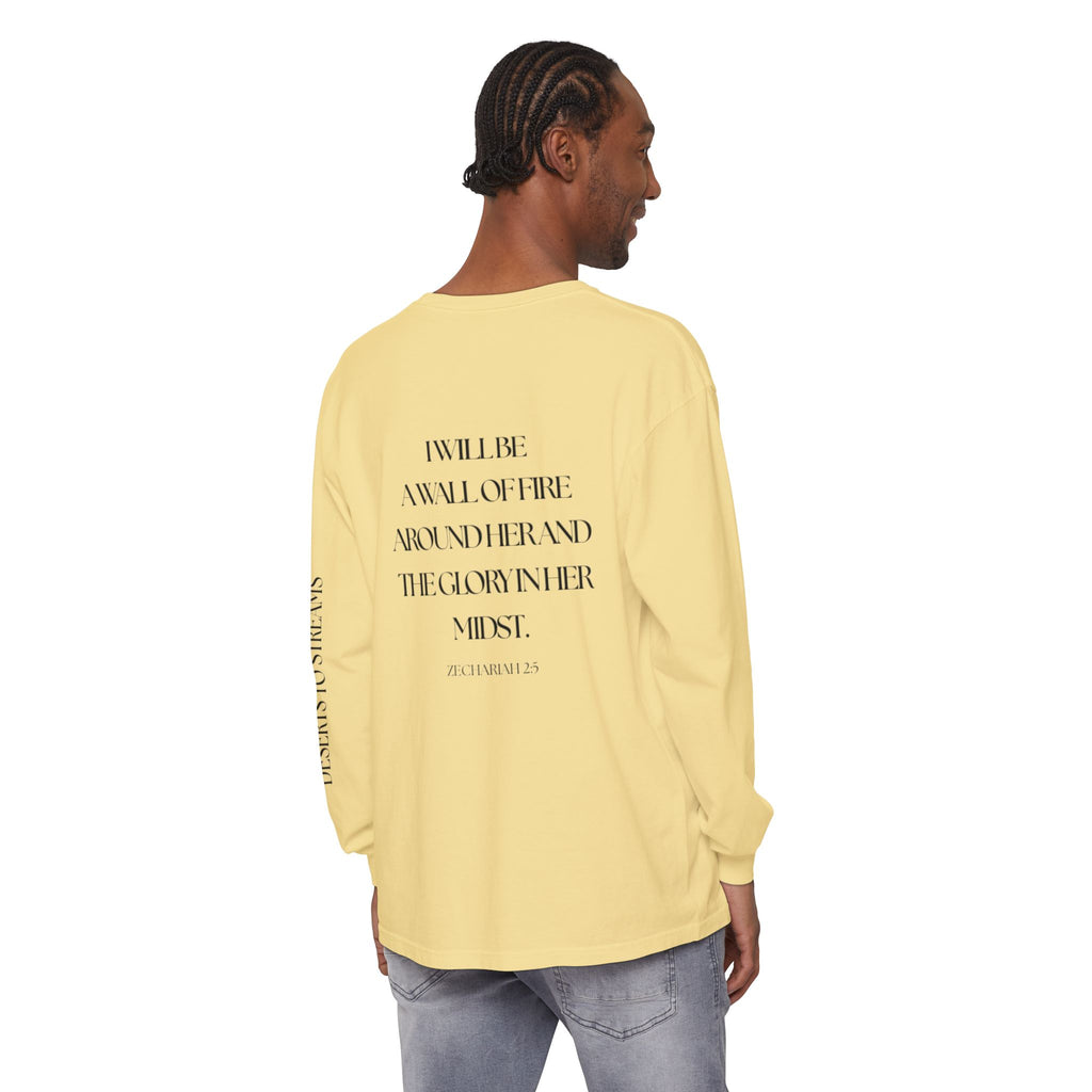 Protected Long Sleeve Tee — "Protected" Scripture Graphic (Zechariah 2:5)