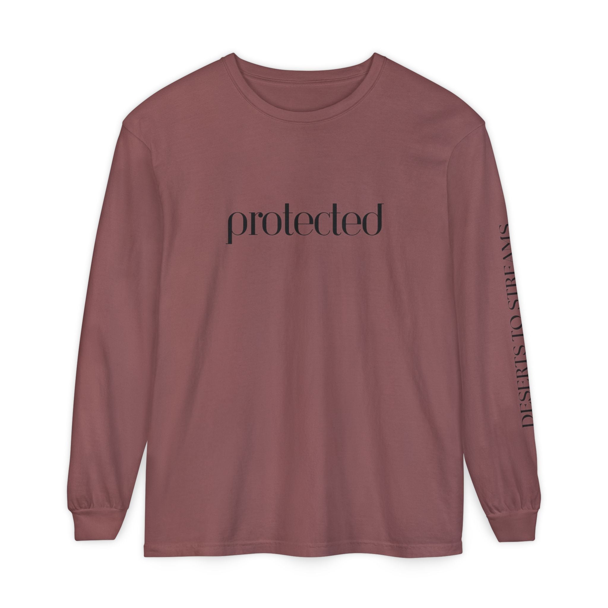 Protected Long Sleeve Tee — "Protected" Scripture Graphic (Zechariah 2:5)