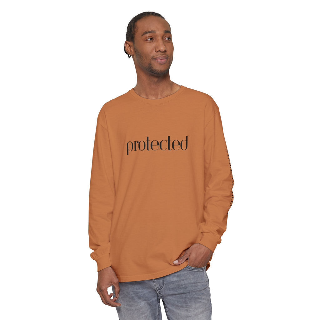Protected Long Sleeve Tee — "Protected" Scripture Graphic (Zechariah 2:5)