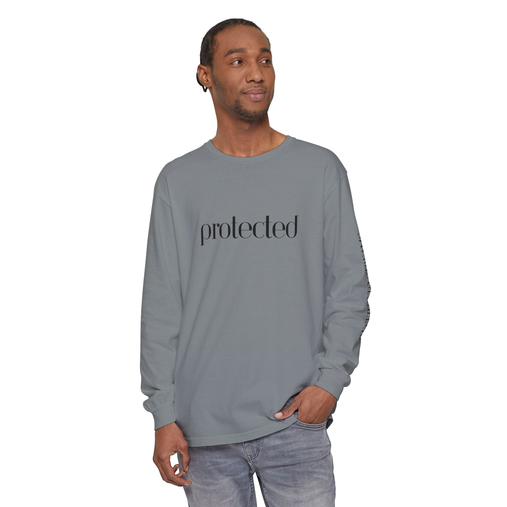 Protected Long Sleeve Tee — "Protected" Scripture Graphic (Zechariah 2:5)