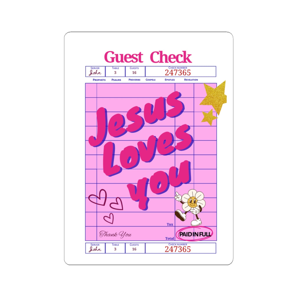 Jesus Loves You Pink Guest Check Kiss-Cut Sticker — Retro Faith Decorative Sticker