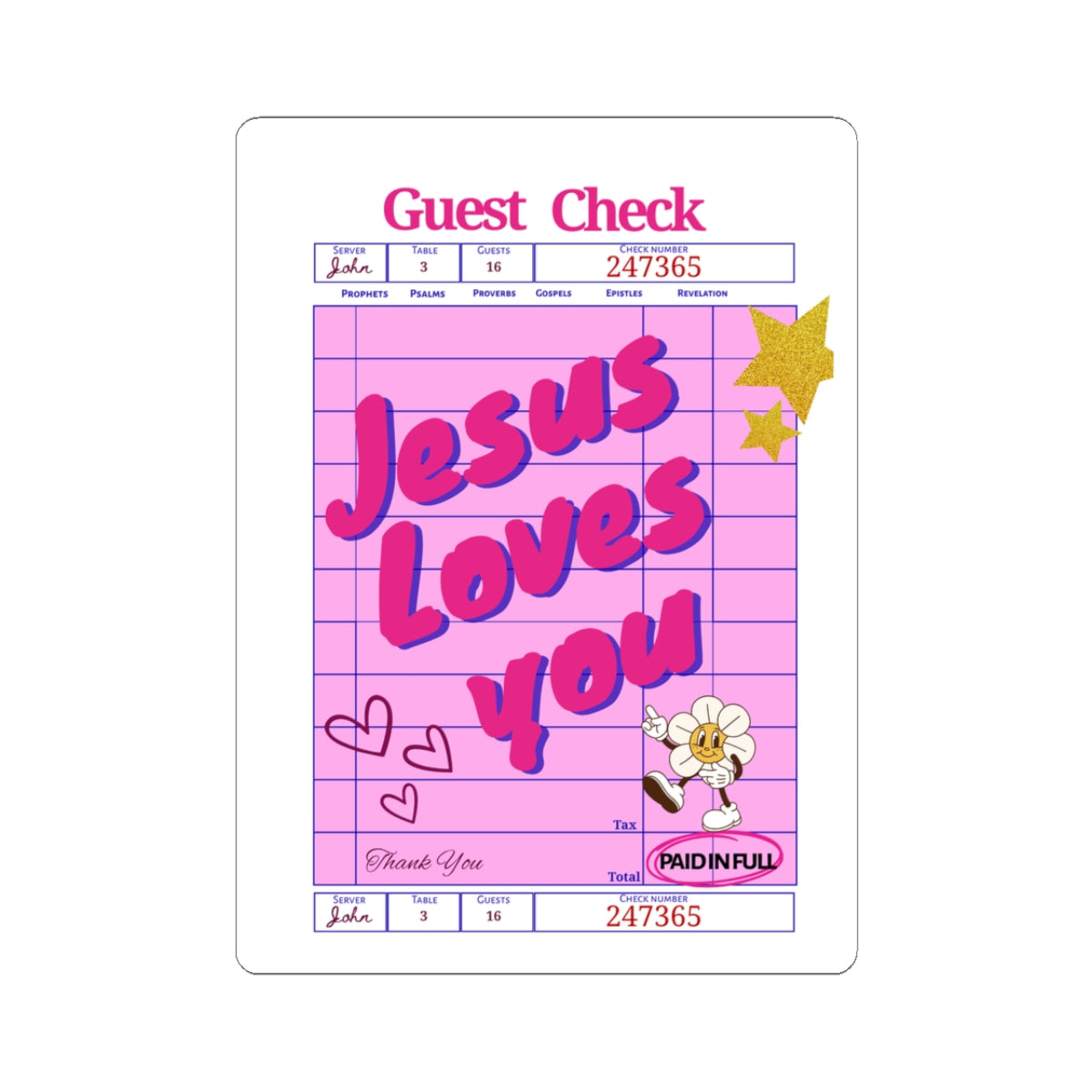 Jesus Loves You Pink Guest Check Kiss-Cut Sticker — Retro Faith Decorative Sticker