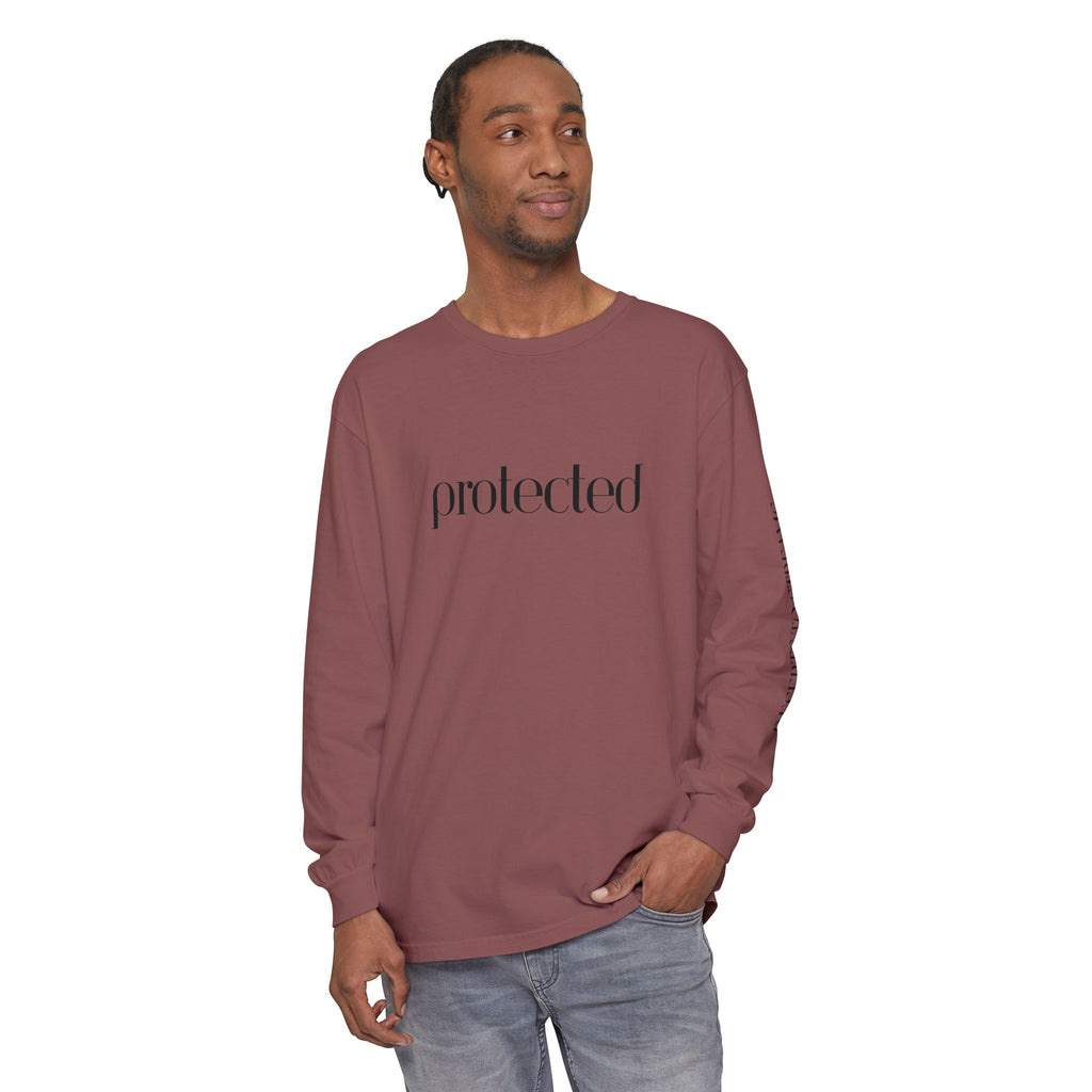 Protected Long Sleeve Tee — "Protected" Scripture Graphic (Zechariah 2:5)