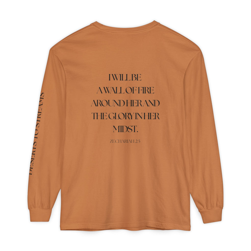 Protected Long Sleeve Tee — "Protected" Scripture Graphic (Zechariah 2:5)