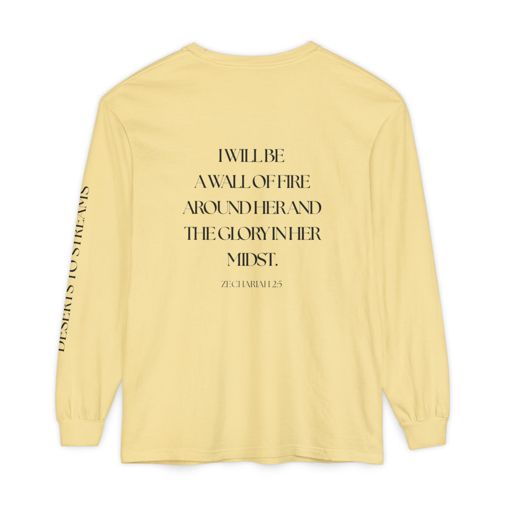 Protected Long Sleeve Tee — "Protected" Scripture Graphic (Zechariah 2:5)