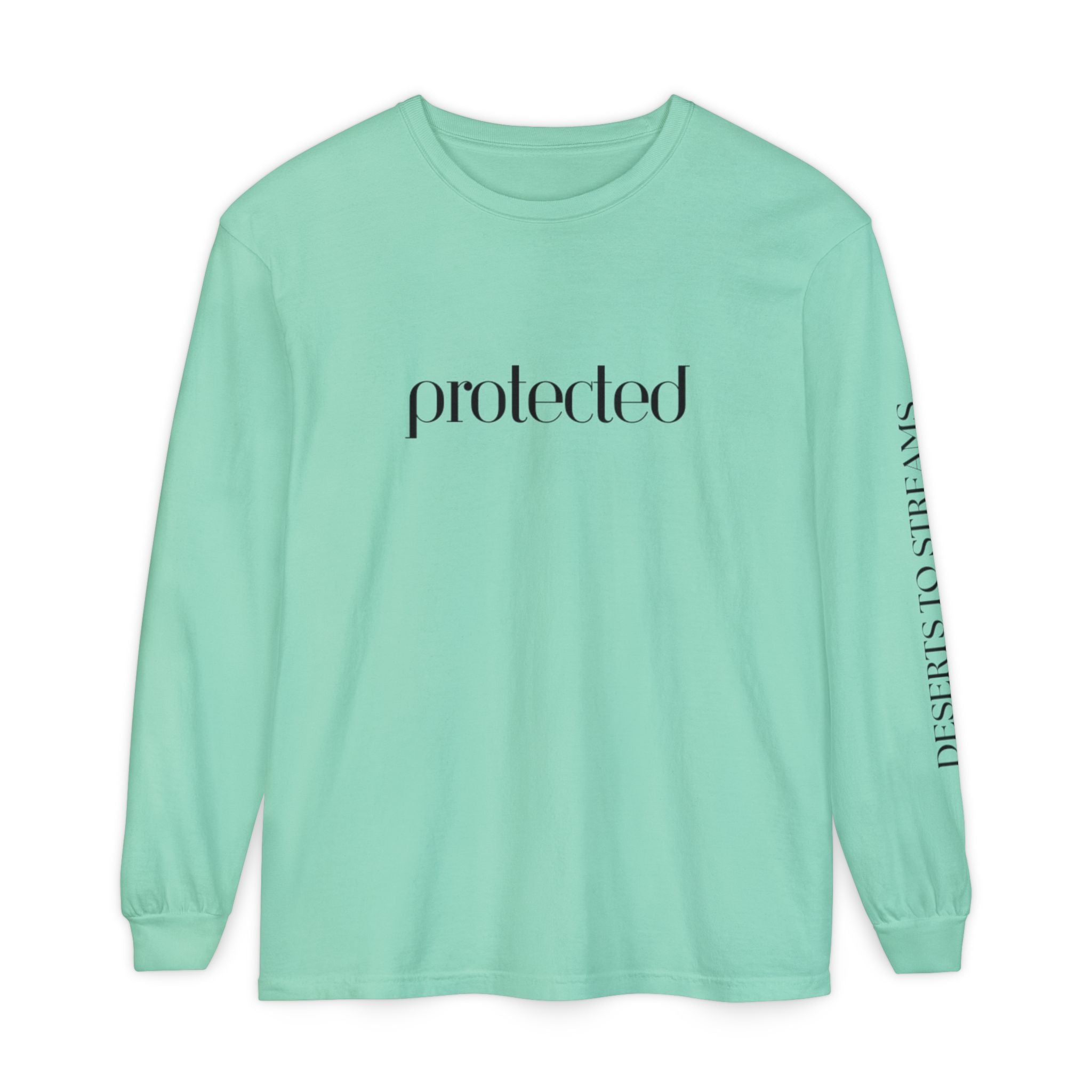 Protected Long Sleeve Tee — "Protected" Scripture Graphic (Zechariah 2:5)