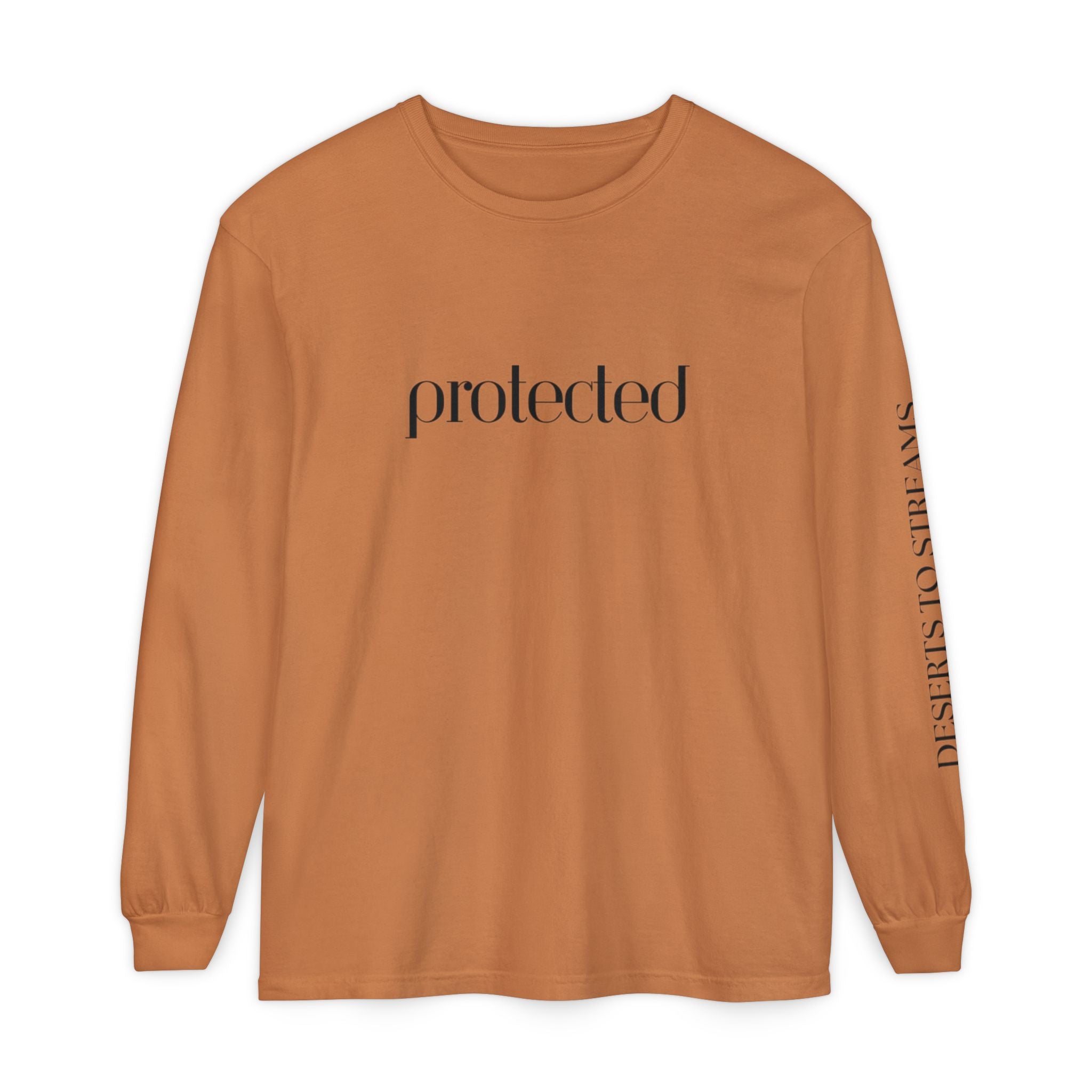 Protected Long Sleeve Tee — "Protected" Scripture Graphic (Zechariah 2:5)